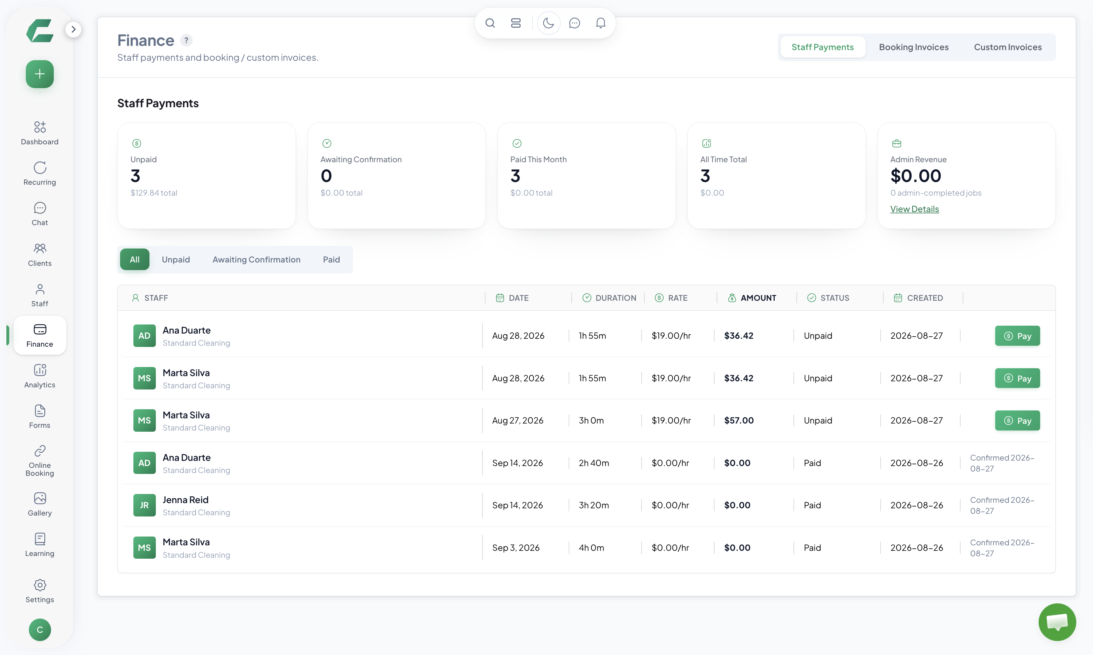 Crewty finance: invoices, payments, and profit by service