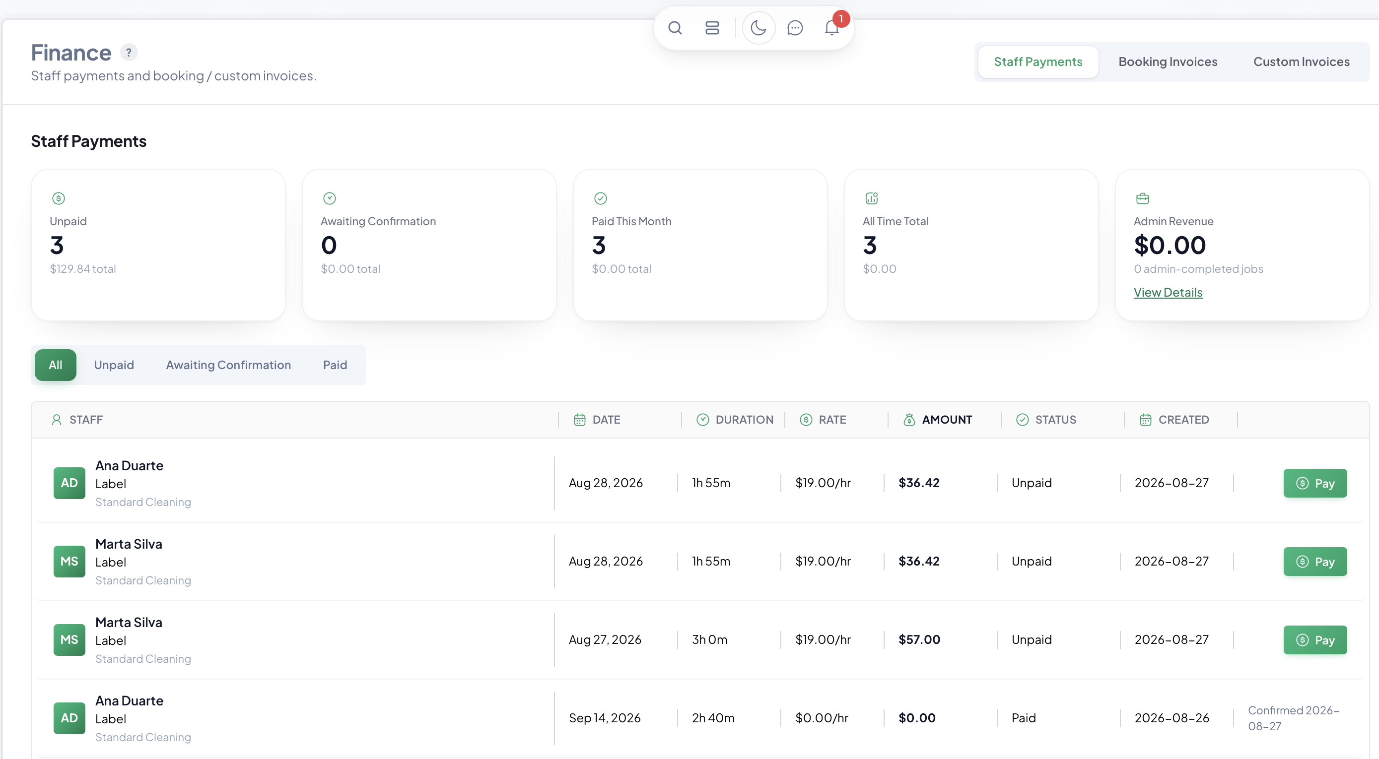 Crewty finance: invoices, payments, and profit by service